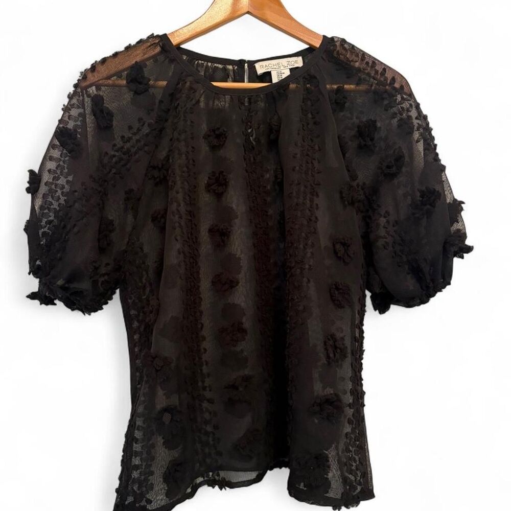 Rachel Zoe black sheer blouse with floral embroidery and ruffled sleeves, size M